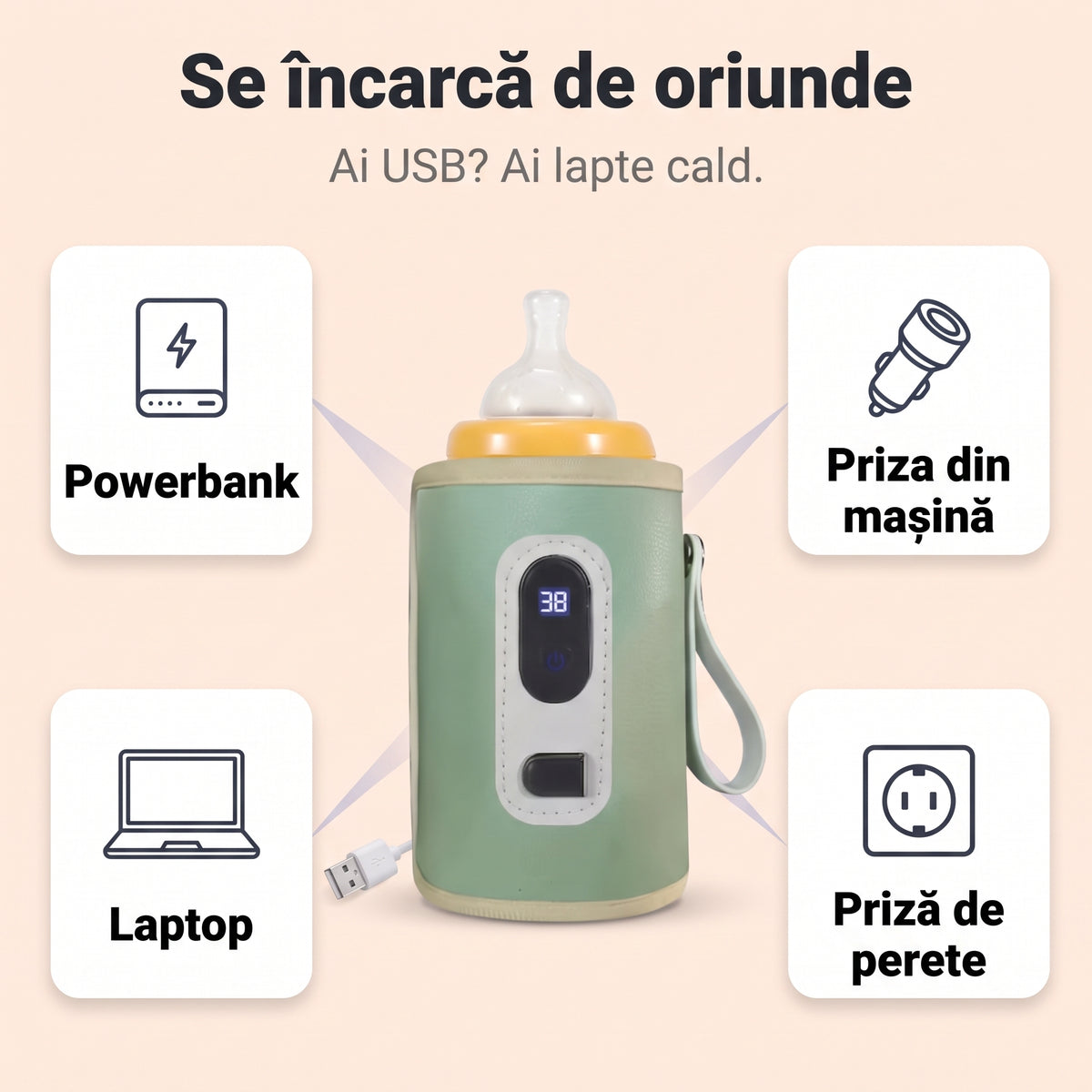 Încălzitor Biberoane Portabil cu Temperatură Reglabilă — 1+1 GRATIS: unul acasă, unul în mașină